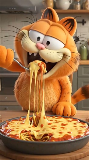 Garfield is eating lasagna on the table.🐈#shortfeed #shorts #ai #cat #garfield