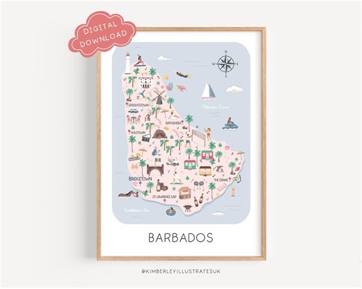Illustrated Barbados Travel Map: Printable Caribbean Wall Art Poster (digital Download) - Etsy