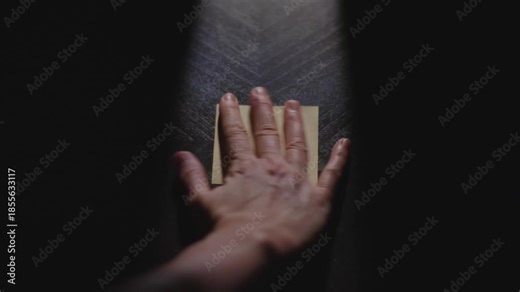 Slow motion close up footage of a hand writing out "Gobble Gobble" on a paper note and placing it on a table. Shot in dramatic lighting for an impressive title or transition.