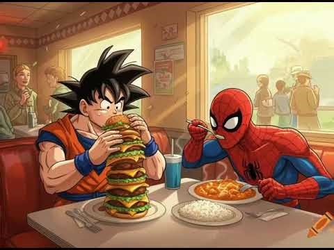 Goku eats a giant burger while Spider-Man enjoys butter chicken
