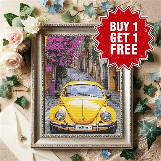 Yellow Vintage Car Cross Stitch Pattern PDF, Retro Beetle Embroidery Design, Old City Street Needlepoint Chart, Instant Download Digital Art - Etsy