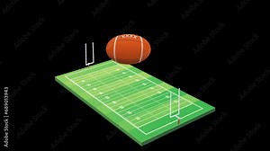 Animation of an old leather oval American football ball bouncing in a loop on an American football field in 3d on a green background, a transparent background with alpha channel