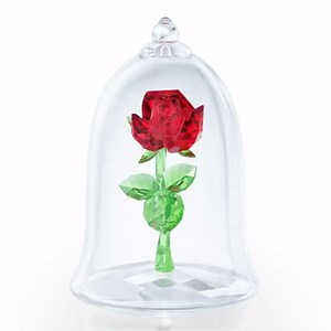 Swarovski Beauty and The Beast Enchanted Rose, Red and Green Crystal with Clear Base and Mouth-Blown Glass Bell Jar, Part of The Beauty and The Beast Collection