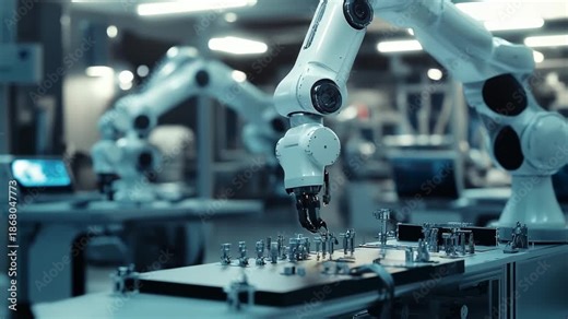Industrial robot arms working with precision on automated assembly line in advanced factory laboratory setting