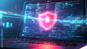Cybersecurity-themed digital artwork featuring a shield and diverse security icons on a laptop screen, symbolizing the importance of data protection and online safety measures