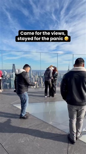 New York City 🚕 — Travel | Attractions | Tips on Instagram: "The glass floor at Edge NYC will make you second guess your life choices 😅🗽 • 🗽 Stepping out onto the glass floor at Edge NYC is one of those New York moments that feels unreal. You’re hundreds of feet above the city with nothing but transparent glass between your feet and the streets below 🌆👀 The skyline spreads out in every direction, taxis look tiny, and pedestrians look like ants as you stand suspended above Manhattan. It is 