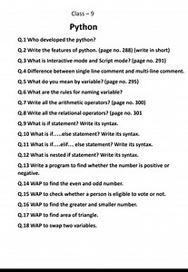 Class -9 Python Q. 1 Who developed the python? Q. 2 Write the f... | Filo