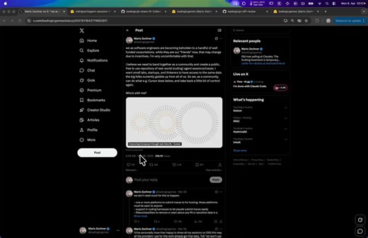 Putting my tokens where my mouth is. I built pi-share-hf. Share your pi coding agent sessions as @huggingface datasets.https://t.co/OJsAGevg1LIt tries to prevent you from uploading sessions containing PII/sensitive data with 3 tiers of defenses. Best used on OSS coding sessions, as those are less likely to contain sensitive info.Uses pi agents for PII detection, which can cost you a lot of tokens. Read the README with your human eyes so you don't accidentally pwn yourself or get a huge bill.Have