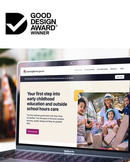 StartingBlocks.gov.au received a 2024 Good Design Award for providing families with clear, accessible and trusted information on early childhood education and care. Learn how families can find the right early learning service: https://www.startingblocks.gov.au/find-child-care #ACECQA #NQF #NQS #StartingBlocksResources #GoodDesignAward | StartingBlocks.gov.au | Facebook