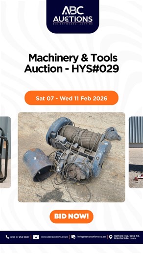 Machinery & Tools Auction - HYS#029 | SAT 7 FEB > WED 11 FEB 2026 💥Auction Now LIVE on the ABC Auctions App [x] Download the ABC Auctions App Now - https://qrco.de/ABC_Auctions [x] Start Bidding - https://tinyurl.com/3w46bkav [X] Subscribe to our YouTube Channel for more content - https://youtube.com/@abcauctions7837 📲Contact us today to find out how we can help you sell your vehicles & Goods: Harare: 📞Call: 086 77009 086 📲WhatsApp: https://wa.link/hoz14b 📍ABC Auctions, Hatfield House, Seke