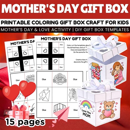 Mother’s Day Coloring Gift Box Crafts for Kids | DIY Gift Box Templates, Love-themed Art Projects, Printable Classroom Activity - Etsy