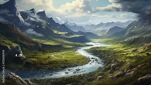 phantasy landscape fantasy landscape. mountain with river. nature landscape. seamless looping overlay 4k virtual video animation background