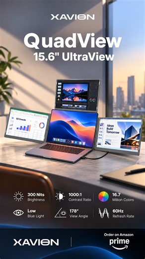 Turn Your Laptop Into a 4-Screen Workstation | XAVION QuadView 15.6" UltraView #portablemonitor