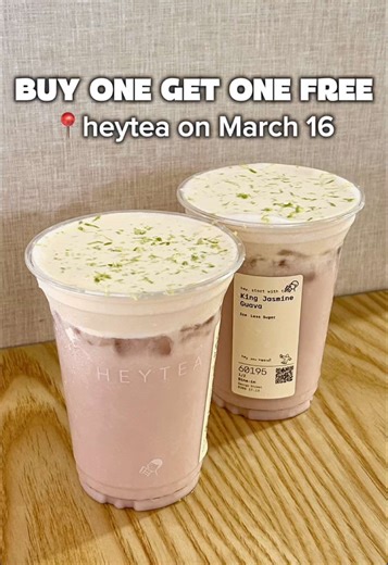 BOGO FREE ON MONDAY MARCH 16 🌟 heytea’s new drink has an amazing jasmine flavour, paired with fresh guava notes! The King Jasmine Guava has: 🫖 King Jasmine tea ✨ Guava juice 🥛 Milk ☁️ Guava cloud 🍋‍🟩 Lime zest The offer is valid in-store only! Hope you enjoy it as much as I did 😌 [sponsored] @HEYTEA