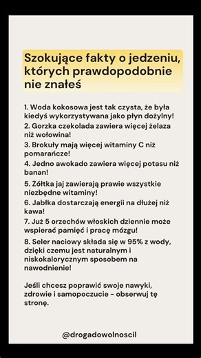 To, co jesz każdego dnia, ma ogromny wpływ na Twoją energię, koncentrację i zdrowie. Czasem małe zmiany w diecie mogą przynieść zaskakująco duże efekty. 💬 Który z tych faktów zaskoczył Cię najbardziej? Napisz jego numer w komentarzu, zapisz post na później i udostępnij go komuś, kto dba o zdrowie. #zdrowie #zdroweodżywianie #odżywianie #biohacking #dieta