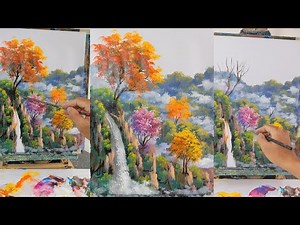 Acrylic Painting Tutorial | Colorful Autumn Trees on Mountain & Waterfall | Beginner Step by Step