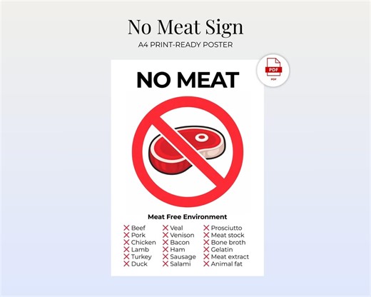 Meat Free Zone Sign Printable A4 | No Meat Allowed Poster | Meat Free Environment Sign for Home, Office & Shared Spaces | PDF - Etsy Australia