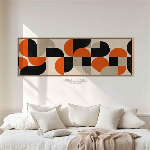Mid Century Modern Wall Art, Geometric Abstract Canvas, Retro Minimalist Orange Black Decor - Etsy