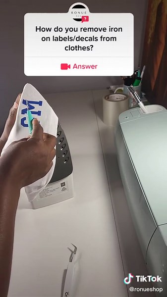 #question from @ronueshop Iron on labels are an easy, no-sew way to add labels to your clothes. However sometimes you might need to remove them and start again, this is how to remove iron on decals you buy from us. Be careful because the iron must be heated up 🛑 #irononvinyl #heatransfervinyl #heattransfervinyltip #tshirtprinting #lifehackstiktok