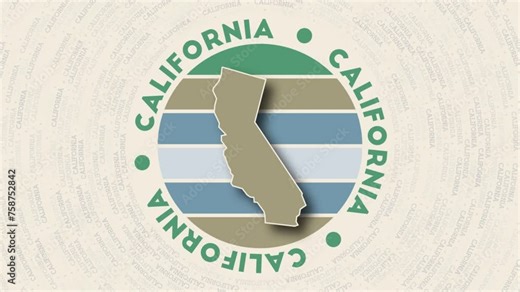 California logo intro. Badge with the circular name and map of the US state. Authentic California round logo animation.