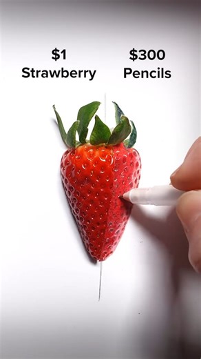 Colored Pencil Drawing Art Gallery on Instagram: "🍓 $1 Strawberry vs $300 Pencils — Colored pencil drawing by artist Howard Lee At first glance, it's just a strawberry… until your eyes struggle to tell which side is real. Master of illusion Howard Lee blurs the boundary between reality and drawing in this hyperrealistic challenge: one side is an actual strawberry, the other side — painstakingly rendered with $300 colored pencils. The result? A mind-bending trick on your vision and a celebration