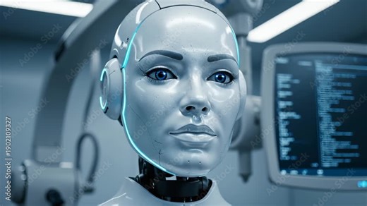 Futuristic ai robot in medical lab. This humanoid robot has lifelike face. This machine is future of ai technology. This medical robot represents future of healthcare. This ai robot is advanced.