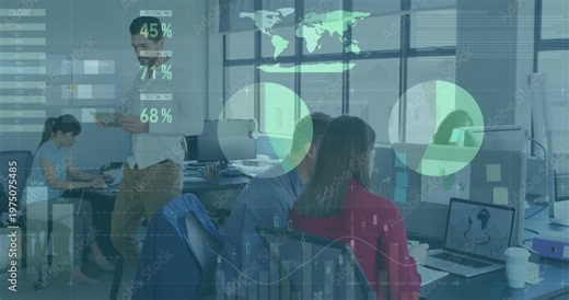 Pair pointing and using laptop trackpad, animating business charts overlaying desks for data review