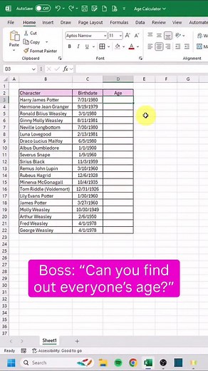 5.9K views · 273 reactions | Calculate Age in Excel 勞 #excel #exceltips #corporate #workhacks #finance #accounting | Miss Excel | Facebook