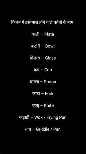 english word meanings | kitchen ke kuchh saman hai jinko english hindi dono mein likha hai