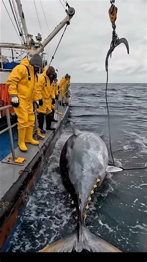 GIANT Tuna Lifted Onboard – Fishing Crew at Work