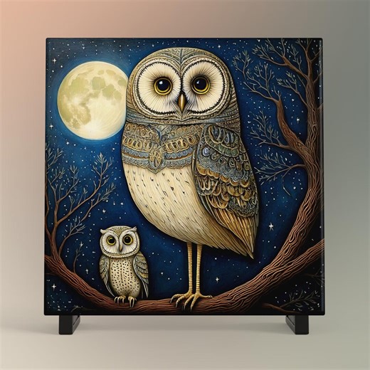 Owls in Moonlight Ceramic Tile Art, Bird Home Decor (6x6 Inch) - Etsy