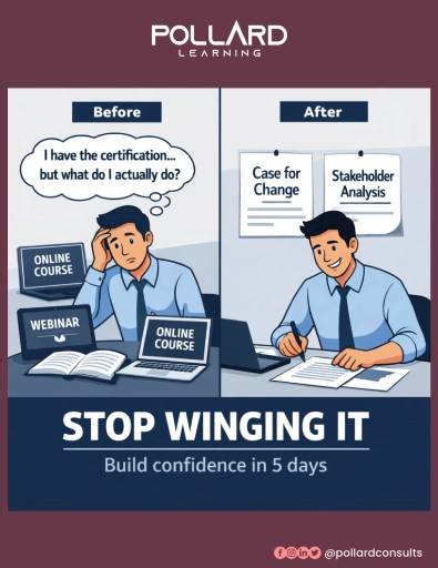 You passed the PROSCI and /or ACMP certification. You attended the webinars. You know the frameworks. But when someone asks: What did you actually do as the Change Manager? You freeze. Change Management is not memorization, it’s execution. That’s why our 5-Day Organizational Change Management Career Challenge focuses on doing the work, not just learning the theory. If you want confidence, you need practice. STOP WINGING IT. Build confidence in 5 days. Comment OCM to learn more... | Pollard Learn
