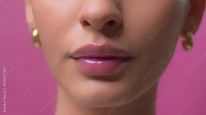 Close up of woman face with red lips with seductive expression. sensual woman with plump lips. Attractive woman lips and mouth.