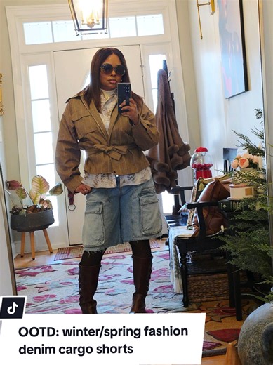 Stylish Winter/Spring Outfit with Denim Cargo Shorts