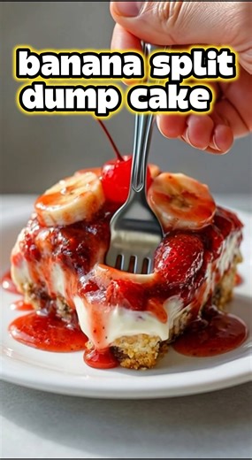 Banana Split Dump Cake 🍌🍓 Ingredients: 2 ripe bananas, sliced 1 can (21 oz) strawberry pie filling 1/2 cup crushed pineapple, drained 1 box vanilla or yellow cake mix 1/2 cup unsalted butter, melted 8 oz cream cheese, softened 1/3 cup powdered sugar 1 teaspoon vanilla extract 1/2 cup whipped topping Chocolate syrup, for drizzling Strawberry syrup, for drizzling How to make it: 1. I start by preheating my oven to 350°F and lightly greasing an 8x8-inch baking dish. 2. I layer the sliced bananas 