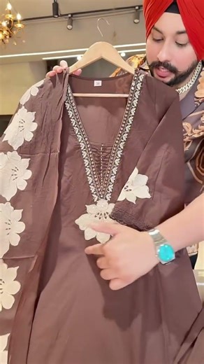 Chocolate Brown Pure Cotton Designer neck Floral Embroidered Straight Suit with hand painted