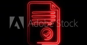 Neon approvement Icon. Quality Check Icon, Checklist Framework. Animation of a neon clipboard with document paper listing and adding tick check mark icon.