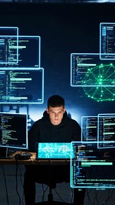 Hacker Coding on Multiple Screens | Premium Stock Video Footage