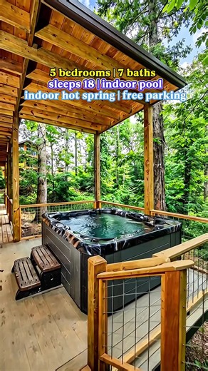 If you want a pool regardless of weather — Treehouse River Lodge. 5BR/7BA, sleeps 18. Private indoor pool and hot tub, home theater, arcade, mini golf. Minutes to the Smokies. Free parking. Book now #travel #hotel #PigeonForge #TN #vacations