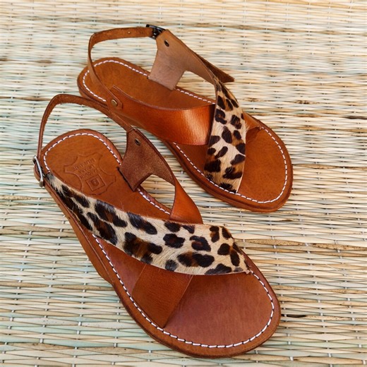 Womens Leather Sandals With Leopard Print | Open Toe Strappy Flats | Summer Shoes - Etsy