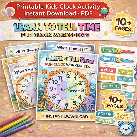 Kids Learning Clock Printable | Tell Time Worksheets, Montessori Activity (instant Download) - Etsy