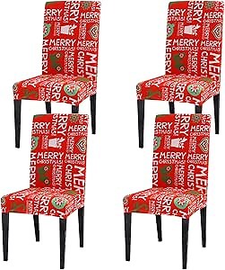 Ogrmar 4PCS Stretch Removable Washable Dining Room Chair Protector Slipcovers Christmas Decoration/Home Decor Dining Room Seat Cover (Christmas-A) (Vermilion)