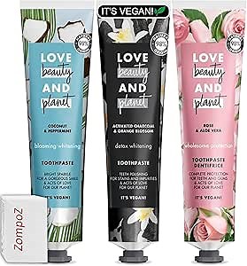 Love Beauty Planet Natural Vegan Toothpaste, Variety 3 Pack, Includes Activated Charcoal, Peppermint, Rose, Detox Whitening Toothpaste, Assorted Flavors, 2.5 Oz with Zompo-Z Tissues