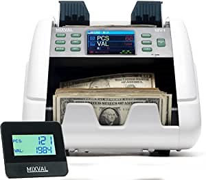 MV1 Mixed Money Counter Machine | Commercial Grade w/Counterfeit Detector | Mixed Denomination, Currency & Bill Counting | Fast & Accurate Cash Counter | Customer Screen Included