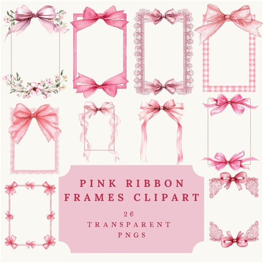 Pink Ribbon Frame Clipart PNG Bundle, Coquette Bow Border Set, Watercolour Blush Design, Wedding Invite Graphics - Etsy