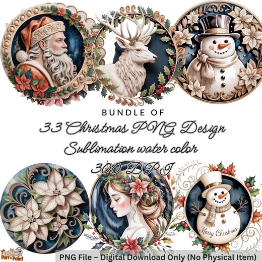 Paquete PNG de adornos navideños de acuarela: diseños navideños vintage (descarga digital) - Etsy México