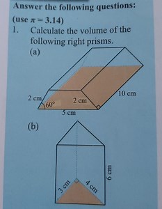 Calculate the volume of the following right prisms. (Use \pi = ... | Filo