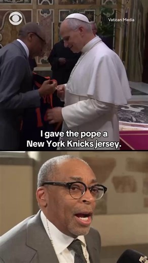 662K views · 23K reactions | Filmmaker Spike Lee was among the Hollywood stars who got to visit with Chicago-born Pope Leo XIV at the Vatican on Saturday, and used his time to leave the pontiff with a special gift — a New York Knicks jersey with the No. 14 on the back. But why this jersey for the pontiff, a known Chicago Bulls fan? Lee explains the choice, and how Pope Leo reacted. https://cbsn.ws/49noOwf | CBS News | Facebook