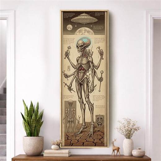 Alien Anatomy Framed Long Vertical Wall Art, Da Vinci Style Sci-fi Print, UFO Sketch Poster, Steampunk Decor, Tall Narrow Canvas - Etsy