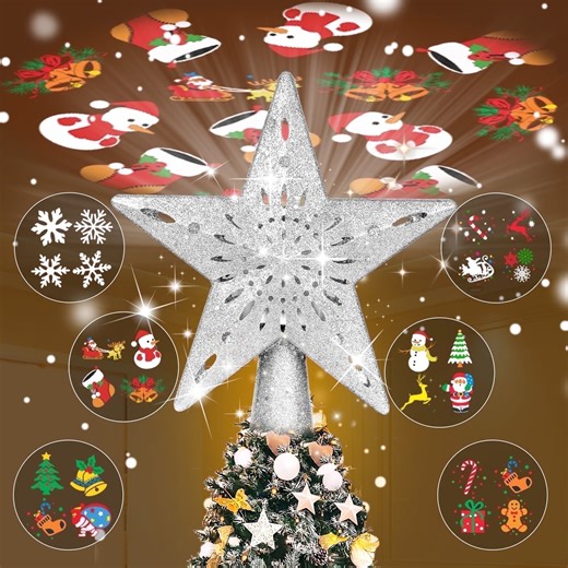Christmas Tree Toppers with 6 Projection Modes, Christmas Star Tree Topper with Built-in LED Rotating Lights, Silver 3D Glitter Projection for Xmas
